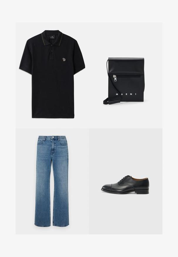 Melna pūļa krekls, izgatavots no kokvilnas, ar zaļu apkakles apdari. Kreklam ir neliela daudzkrāsaina ziloņa izšuvuma uz kreisā krūšu.; Platās kājas zilo džinsu bikses izgatavotas no zila auduma ar izbalējušu apdari. Tām ir piecas kabatas, priekšējais pogu aizdare un taisna piegriezuma forma.; Melna ādas kleitkurpe ar gludu virsmu, noapaļota purngala, piecām acīm šņorēšanai un zemu bloku papēdi. Minimalistisks dizains ar smalku adījumu.; Melnas ādas plecu soma ar rāvējslēdzēja priekšējo kabatu, iepresēto logotipu un regulējamu siksnu. Raita tekstūra ar strukturētu formu.