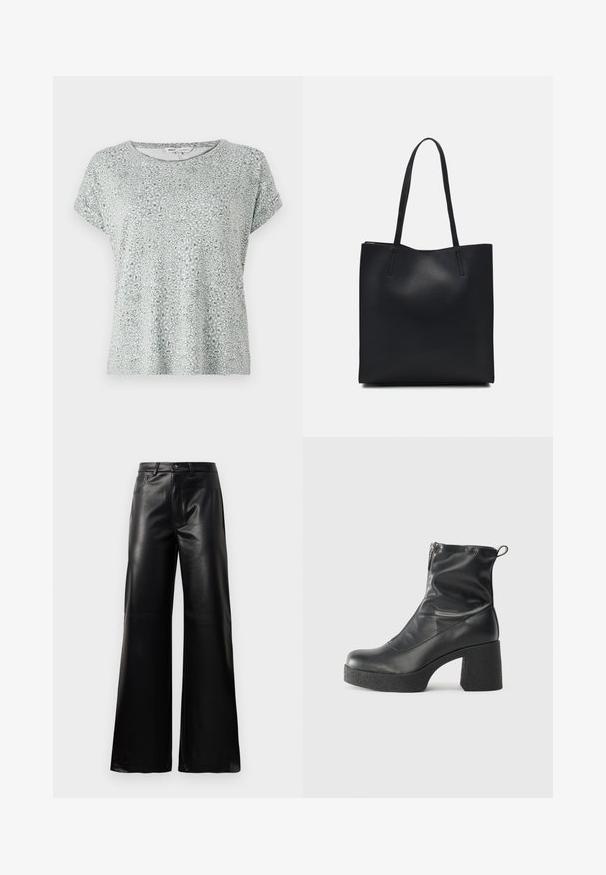 Ljusgrön t-shirt med leopardmönster, rund halsringning, korta ärmar och mjukt, texturerat tyg. Avspänd och löst sittande design.; Svarta högmidjade vida byxor i konstläder med framknapp, dragkedjestängning, bältesöglor och sidofickor på vit bakgrund.; Svarta ankelstövlar i slitstark läder, med sidodragkedja, kraftig strukturerad klack och rundad tådesign.; Svart lädertoffelväska med slät textur, rektangulär form och två långa handtag. Ingen synlig hårdvara eller dekorationer.
