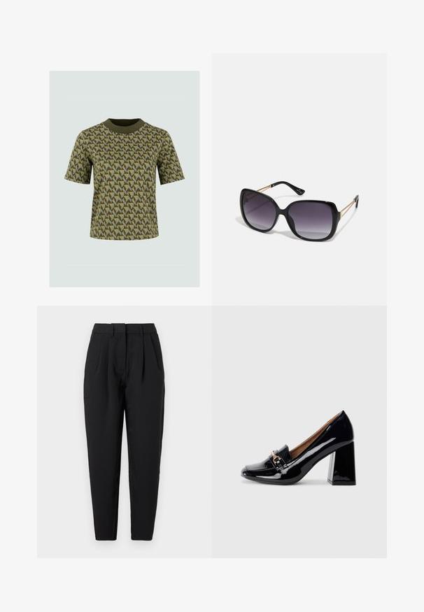 Korte mouwen groene T-shirt met een patroon van geometrische ontwerpen in donkergroen en geel, met een geribbelde halslijn en een ontspannen pasvorm.; Zwarte pantalon met een rechte pasvorm, voorzien van plooien aan de voorkant, een gladde structuur en zijzakken. De tailleband heeft een standaardhoogte.; Zwarte lakleren hoge hak met een spitse neus en blokhak. Bevat een decoratieve band en gespdetail op de wreef.; Zwarte oversized zonnebril met gradient glazen, dikke montuur en gouden kettingdetails op de pootjes.; Zwarte leren handtas met een gebogen vorm, afneembare schouderband en gouden hardware. De tas heeft een klep met een gespsluiting.