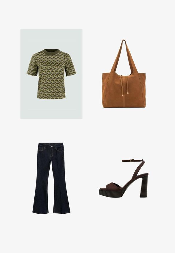 T-shirt a maniche corte di colore verde con motivo geometrico in verde scuro e giallo, dotato di colletto a coste e vestibilità comoda.; Jeans in denim blu scuro con vita alta, tasche anteriori e gambe svasate e larghe, esposti piatti su uno sfondo bianco.; Sandal in camoscio marrone con tacco alto, punta aperta, cinturino alla caviglia regolabile e suola a piattaforma striata.; Borsa a tracolla in suede marrone con due lunghe cinghie, chiusura con cordoncino e design minimalista. Texture liscia e senza elementi hardware visibili.