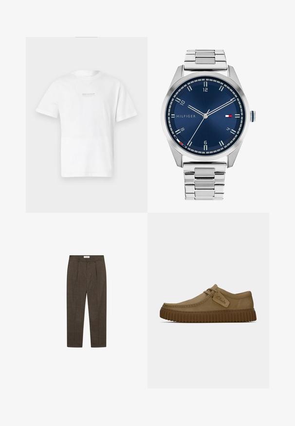 T-shirt bianco in cotone con maniche corte, colletto rotondo e un semplice logo stampato sul davanti. Tessuto liscio e vestibilità standard.; Pantaloni a quadri marroni con pinces, realizzati in materiale testurizzato. Presentano una vita aderente e gambe affusolate per un aspetto sartoriale.; Scarpe in suede marrone chiaro con punta arrotondata, dettagli cuciti e suola in gomma marrone a righe. Presentano un'etichetta laterale con il logo "Clarks".; Orologio in metallo argentato con quadrante blu spazzolato, indici bianchi e display della data. Dotato di un bracciale metallico a maglie e logo del marchio.