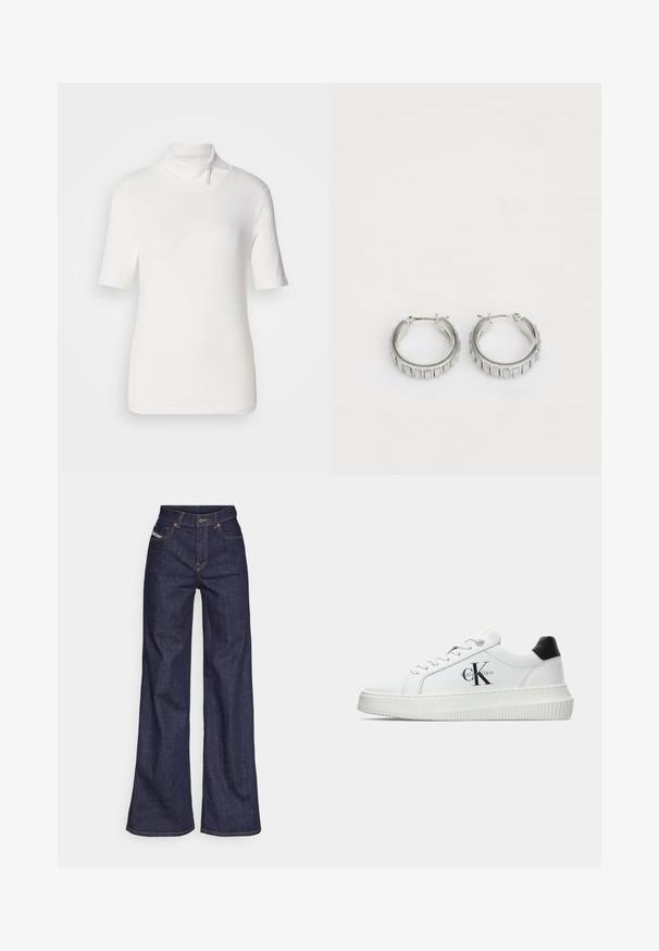 Weißes kurzärmliges Turtleneck-Oberteil aus dehnbarem Stoff, mit einem hohen Kragen und einem Reißverschluss-Detail am Ausschnitt.; Dunkelblaue weite Jeans aus Denimstoff mit hoher Taille, ausgestattet mit orangefarbenen Nähten, fünf Taschen und einem Knopfverschluss.; Weiße Low-Top-Sneaker mit schwarzem Fersenpatch, Plateau-Sohle, Schnürsenkeln und Calvin Klein "CK"-Logo an der Seite.; Silberne Creolen mit texturiertem Design und vertikalen Rillen. Kreisförmige Form mit sicherem Verschluss. Glatte Oberfläche.