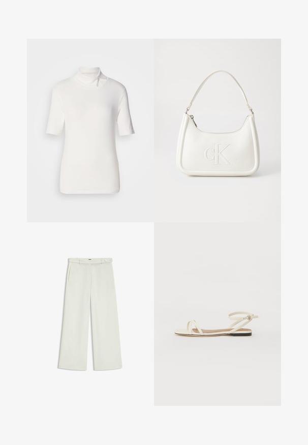Top bianco a maniche corte con collo alto, realizzato in tessuto elasticizzato, caratterizzato da un colletto alto con dettaglio zip sullo scollo.; Pantaloni a gamba larga in tessuto crema chiaro, dotati di tasche laterali, frontale liscio e chiusura a un bottone in vita. Texture morbida.; Sandali piatti in pelle crema con sottili cinturini incrociati, cinturino alla caviglia con fibbia, design minimalista e suola nera a contrasto.; Borsa a tracolla in pelle bianca con forma curva, dotata di un logo "CK" impresso sul davanti e una singola tracolla. Chiusura a zip nella parte superiore.