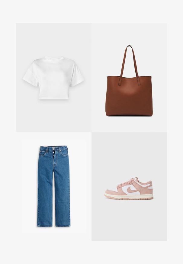 Fehér, pamutból készült rövid ujjú, crop szabású póló. Kerek nyakrész, sima textúra, laza dizájn minta vagy díszítés nélkül.; Kék farmer egyenes szárú nadrág, magas derékkal, öt zsebes kialakítással és gombos résszel. Figyelemfelkeltő varrás és rézszínű szegecsek jellemzik.; A sportcipő puha rózsaszín velúr felsőrésszel, fehér bőr betétekkel és textúrált gumi talppal rendelkezik. Mivel a márkára jellemző swoosh logó is látható az oldalán, fűzős kialakítása is figyelemre méltó.; Barna bőr vászontáska sima textúrával, nyitott tetejű dizájnnal és két vállpánttal. Minimális varrással és látható hardver nélkül készült.