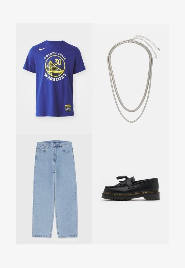 Niebieska bawełniana koszulka z okrągłym logo z motywem mostu, napisem "GOLDEN STATE WARRIORS" oraz żółtą cyfrą '30'. Logo Nike na ramieniu.; Jasnoniebieskie dżinsy o prostym kroju nogawki, z średnim stanem, pięcioma kieszeniami oraz zapięciem na guzik i zamek błyskawiczny.; Czarny skórzany mokasyn z frędzelkowymi akcentami, z masywną czarną podeszwą i żółtym przeszyciem wzdłuż krawędzi. Teksturowane wykończenie.; Trójwarstwowy naszyjnik ze srebrnego metalu z eleganckimi, elastycznymi łańcuszkami o delikatnym połysku, zapinany na karabińczyk i regulowany.