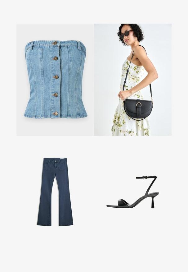 Denim strapless top in light blue with a fitted design. Features five brown button closures and vertical seams for shaping.; Dark blue flared denim jeans with stitched pockets, a button closure, and a smooth texture. Features a classic five-pocket design.; Bershka High heeled sandals - black; Black leather handbag with a curved shape, detachable strap, and gold hardware. The bag features a flap with a buckle detail.