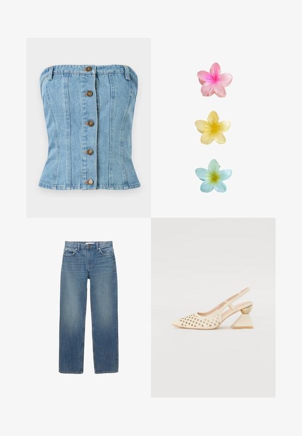 Světle modrý denimový top bez ramínek s přiléhavým střihem. Obsahuje pět hnědých knoflíků a vertikální švy pro tvarování.; Světle modré džínové kalhoty se střihiem do rovna, pěti kapsami a měděným kováním. Látka má mírné vyblednutí a hladkou texturu.; Krémové nazouvací boty s perforovaným svrškem, špičatou špičkou a kontrastním trojúhelníkovým podpatkem s zlatým akcentem. Celkově hladký povrch.; Barevné plastové sponky do vlasů ve tvaru květin v růžové, žluté a modré barvě, každá s lesklým povrchem a čtyřmi okvětními lístky, s centrálním akcentem.
