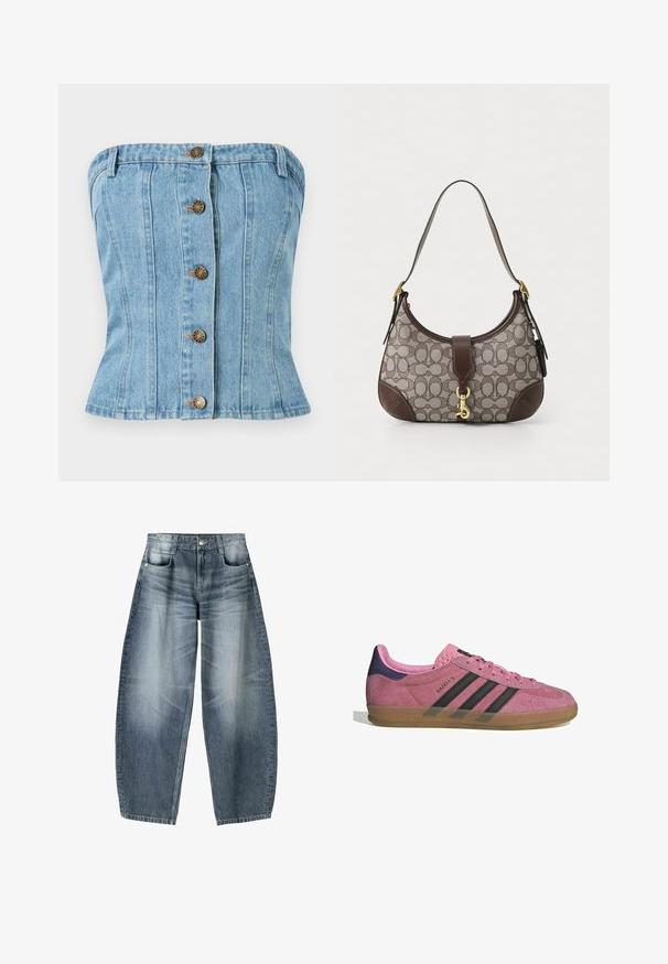 Denim strapless top in light blue with a fitted design. Features five brown button closures and vertical seams for shaping.; Wide-leg jeans made of light blue denim with fading, featuring a five-pocket design, button fly, and minimal stitching details.; Pink suede sneaker with black stripes, gum sole, and textured purple heel. Features a lace-up design and embossed branding on the side.; COACH HAMPTONS HOBO BAG IN SIGNATURE JACQUARD - Handbag - oak maple