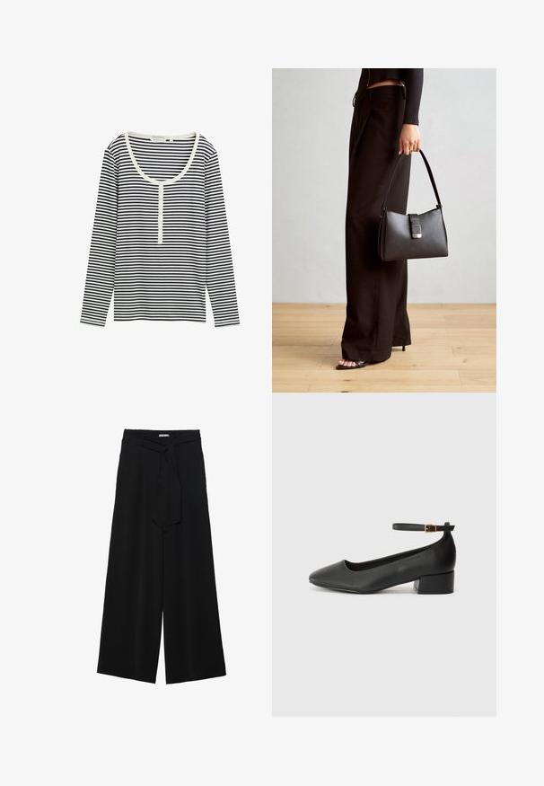 Gestreiftes langärmliges Oberteil in Schwarz und Weiß mit Rundhalsausschnitt und knöpfbarem Verschluss vorne. Weicher Stoff, lockere Passform.; Schwarze weite Hosen aus strukturiertem Stoff, mit elastischem Bund und einem abnehmbaren Bindegürtel in der Taille für eine verstellbare Passform.; Schwarze Lederpumps mit spitzem Zehenbereich und niedrigem Blockabsatz. Mit einem Knöchelriemen und einer goldfarbenen Schnalle. Glatte Textur.; Schwarze Handtasche mit strukturierter Form, glatter Textur und einem metallischen Verschluss. Kombiniert mit weiten schwarzen Hosen und offenen Sandalen auf einem Holzboden.
