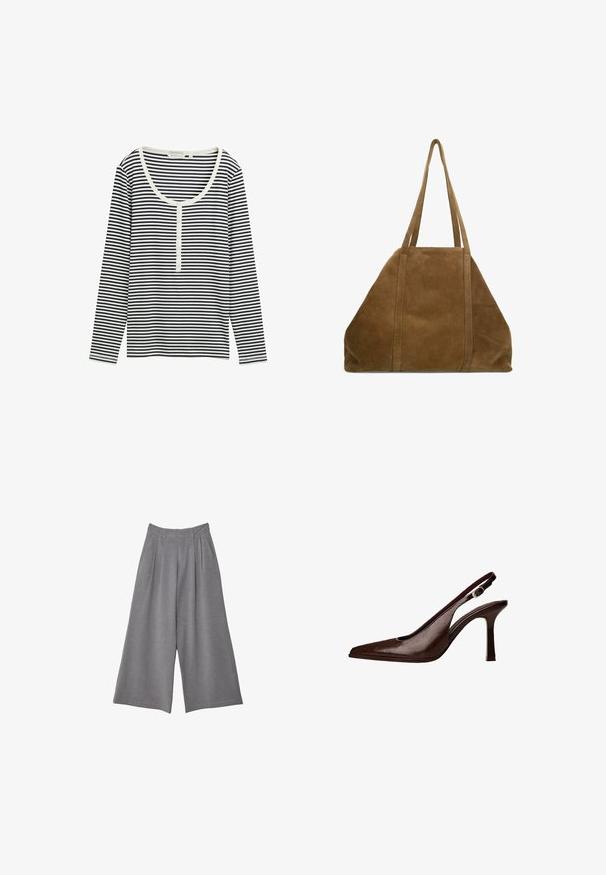 Black and white striped long-sleeve top with scoop neckline and buttoned placket at the front. Soft fabric, relaxed fit.; Gray wide-leg trousers with a textured fabric, featuring pleats at the waist and two side pockets. Designed with a mid-rise fit.; Brown leather slingback pump with a pointed toe and a thin heel. Features a small accent buckle on the strap and a glossy finish.; Tan suede tote bag with two long straps, triangular shape, and reinforced seams. Smooth texture with a simple, minimalist design.