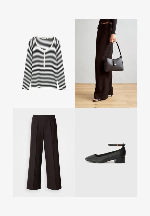 Gestreiftes langärmliges Oberteil in Schwarz und Weiß mit Rundhalsausschnitt und knöpfbarem Verschluss vorne. Weicher Stoff, lockere Passform.; Schwarze weite Hosen mit flachem Vorderteil, Falten und einer glatten Stoffstruktur. Sie haben eine hohe Taille und einen taillierten Schnitt für eine strukturierte Passform.; Schwarze Lederpumps mit spitzem Zehenbereich und niedrigem Blockabsatz. Mit einem Knöchelriemen und einer goldfarbenen Schnalle. Glatte Textur.; Schwarze Handtasche mit strukturierter Form, glatter Textur und einem metallischen Verschluss. Kombiniert mit weiten schwarzen Hosen und offenen Sandalen auf einem Holzboden.