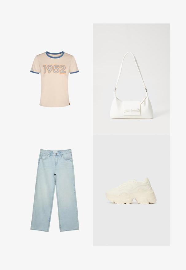 Bež majica s plavim obrubom, s natpisom "Od 1952" v oranžni in svetlo modri barvi. Kratke rokave in okroglo izrezo. Mehko bombažno blago.; Svetlo modri široki jeans iz denima, z visokim pasom, petimi žepi in rahlim bledenjem. Ravno krojen s obdelanimi robovi.; Debele bele športne copate, izdelane iz teksturirane mrežaste in sintetične materialov, z debelim podplatom in zapletenimi vzorčičnimi detajli ob straneh.; Bela sintetična torbica v obliki trikotnika, z ravnim sprednjim poklopcem in detajlom mašne, nastavljivim trakom, gladko teksturo in minimalističnim dizajnom.