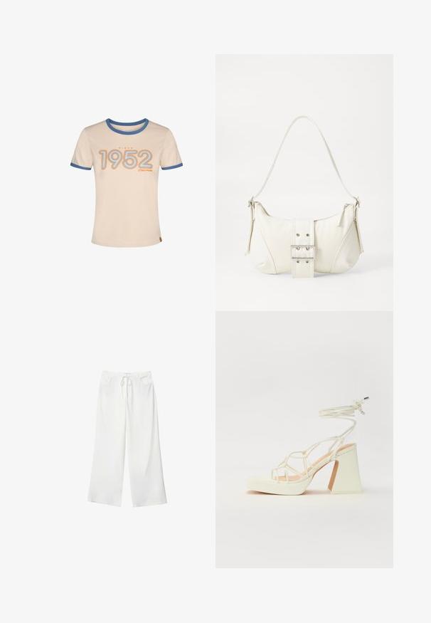 Beige tričko s modrým lemem s nápisem "Od 1952" v oranžovém a světle modrém písmu. Krátké rukávy a kulatý výstřih. Měkký bavlněný materiál.; Bílé široké kalhoty vyrobené z měkké látky, které mají pružný pas a dvě přední kapsy. Hladký povrch a žádné viditelné vzory.; Bílé sandály na vysokém podpatku s robustním podpatkem, s designem s pásky a zavazováním kolem kotníku. Hladký povrch s platformou vpředu pro zvýšení výšky.; Bílá kabelka na rameno s texturovaným povrchem, centrálním akcentem v podobě spony a zakřiveným tvarem. Zipové uzávěry na obou stranách.