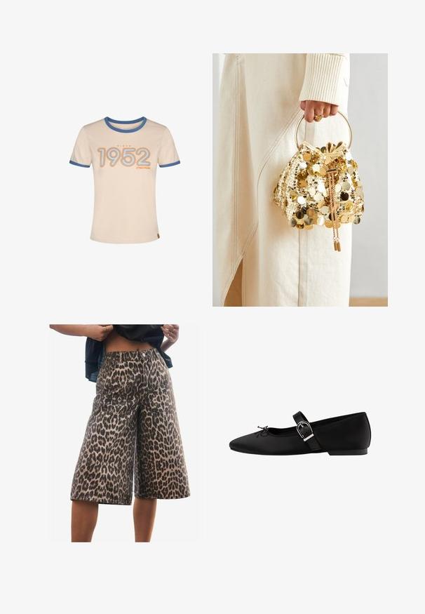 Béžové tričko s modrými detailmi, na ktorom je nápis "Od 1952" v oranžovej a svetlomodrej farbe. Krátke rukávy a okrúhly výstrih. Mäkka bavlnená látka.; Riflové šortky s leopardím vzorom, vo voľnom strihu, so stredne vysokým pásom, štruktúrovanými švami a širokým strihom nohavíc. Materiál má jemnú textúru.; Čierne baletné topánky z matnej látky s špičatou špičkou, dekoratívnym uzlom a jedným nastaviteľným remienkom so striebornou prackou.; Zlatá taška na šnurovanie so zaoblenou rukoväťou, zdobená lesklými okrúhlymi flitrami a texturovaným materiálom. Rozmery nie sú uvedené.