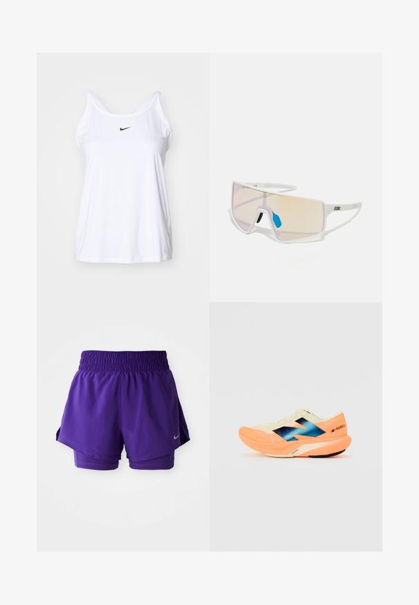 Débardeur sportif sans manches blanc en tissu léger. Il présente un col rond et un petit logo Nike noir sur le devant.; Shorts de course à double couche violets avec une taille élastique et un petit logo Nike en argent en bas à gauche.; Chaussure de course avec une tige légère couleur crème, un logo bleu et des accents orange sur la semelle. Texture en maille pour la respirabilité.; Lunettes de soleil avec monture blanche et grandes verres dégradés, présentant une teinte allant de rose à orange clair, rehaussées d'une pièce de nez bleue et d'un détail de logo.