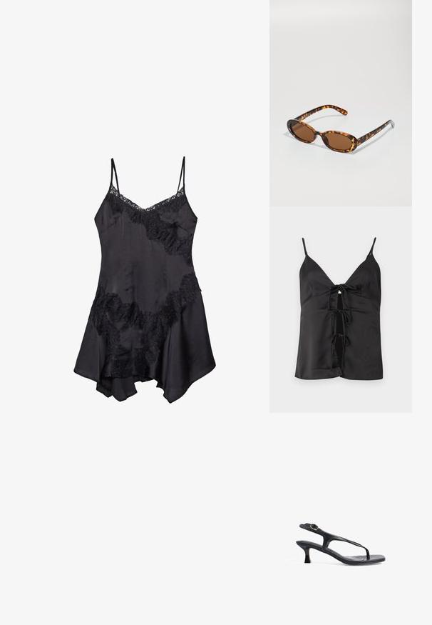 Musta satiinitoppi ohuilla olkaimilla, syvällä V-päällä ja nauhakiinnityksellä, jossa on kolme rusettiä. Suora tekstuuri ja rento malli.; Musta satiini slip-mekko pitsireunalla, jossa on säädettävät ohuet hihnat ja liehuva helma, pehmeä materiaali ja koristeelliset röyhelöyksityiskohdat.; Mustat nahkasandaalit, joissa on hoikka muotoilu, ohuet hihnat ja pieni korko. Varustettu solkiyksityiskohdalla ja sileäpintaisella pohjalla.; Silmustäkkilised prillid ovaalsete raamidega, pruunid läätsed ja õhukesed mustad käepidemed, millel on peened mustri aksendid.; Musta tekstuuriline ostukott lühikeste käepidemetega, millel on kuldne lukustus ja aktsendid. Kujundus on struktureeritud koos geomeetrilise siluetiga.