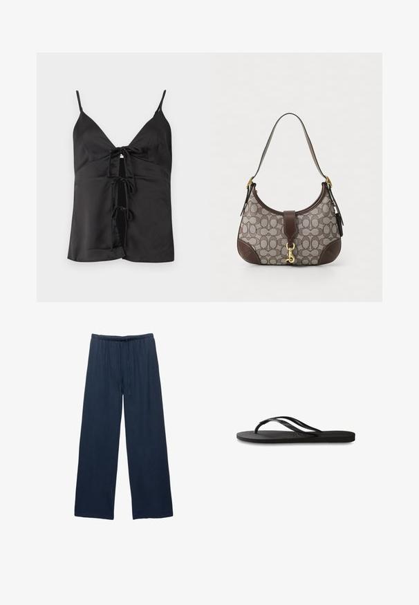 Czarna satynowa bluzka z cienkimi ramiączkami, z głębokim dekoltem w serek i sznurowanym przodem z trzema kokardkami. Gładka faktura i luźny krój.; Granatowe spodnie wide-leg wykonane z miękkiego materiału, z elastycznym paskiem w talii i sznurkiem do regulacji dopasowania.; Czarne klapki z teksturowaną gumową podeszwą, dwiema smukłymi paskami oraz subtelnym, wytłoczonym logo na pasku.; COACH - Torebka