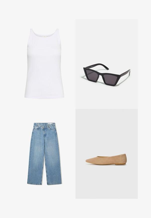 White tank top made of cotton. Features a round neckline and slim shoulder straps. Smooth texture with a fitted silhouette.; Light blue wide-leg jeans made of denim, featuring a high waist, five pockets, button closure, and subtle fading for texture.; Beige suede ballet flats with a pointed toe, low heel, smooth texture, and minimalistic design. No visible hardware or embellishments.; Black, angular sunglasses with gray lenses; made of plastic, featuring thick arms with a smooth surface and no visible hardware.; Crochet bag in light beige, featuring a textured pattern. Gold chain strap, with decorative studs along the edges for added detail.