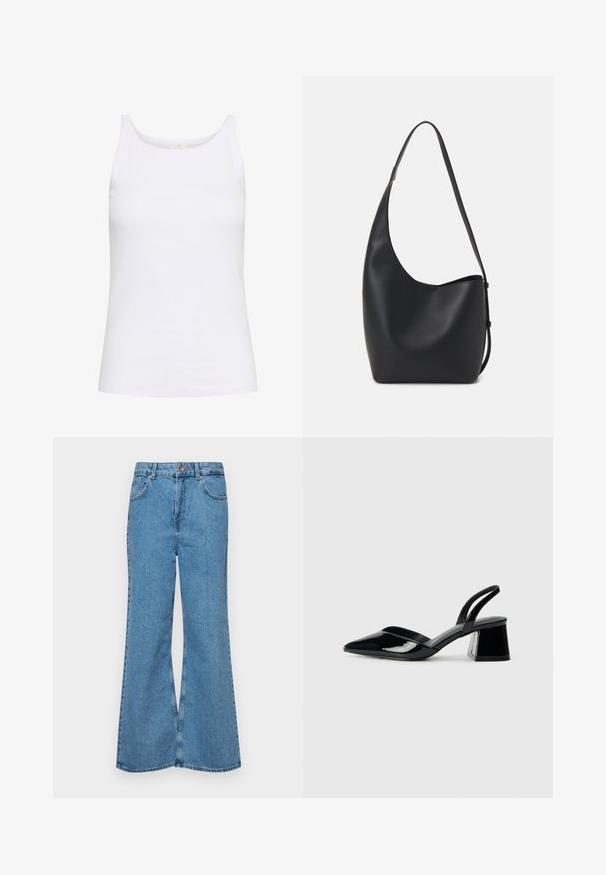 Biela tielko vyrobené z bavlny. Disponuje okrúhlym výstrihom a úzkymi ramienkami. Hladká textúra s priliehavým strihom.; Svetlomodré rozšírené džínsy vyrobené z denimu, s vysokým pásom, piatimi vreckami a jednopoložkovým zapínaním na gombík. Mäkká textúra s vyblednutým povrchom.; Čierne lakované kožené sandálové podpätky s špicatou špičkou a geometrickým blokovým podpätkom. Disponujú elegantným, minimalistickým dizajnom a hladkým povrchom.; Čierna kožená hobo taška so hladkou textúrou, zakriveným tvarom a jedným nastaviteľným popruhom; má široké otvorenie na vrchu.