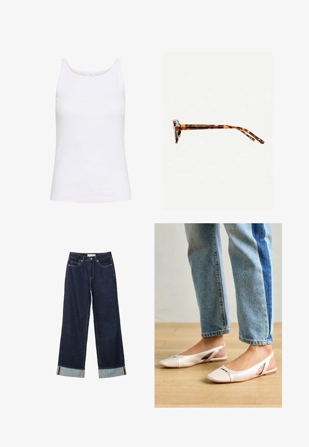 Bijela majica bez rukava izrađena od pamuka. Ima okrugli izrez i uske naramenice. Glatka tekstura s uklopljenim siluetom.; Tamno plave široke traperice viskog struka, s okrenutim rubovima, kontrastnim šavovima i dizajnom s pet džepova. Izrađene su od traper tkanine.; Svijetlo ružičaste slingback balerinke s šiljastim vrhom, izrađene od glatkog materijala nalik koži. Sadrže izrezane detalje sa strane i ravnu petu.; Naočale od kornjačevine s debljim okvirom, blago zakrivljenim tempama i glatkom teksturom. Imaju klasičan dizajn s sjajnim završetkom.