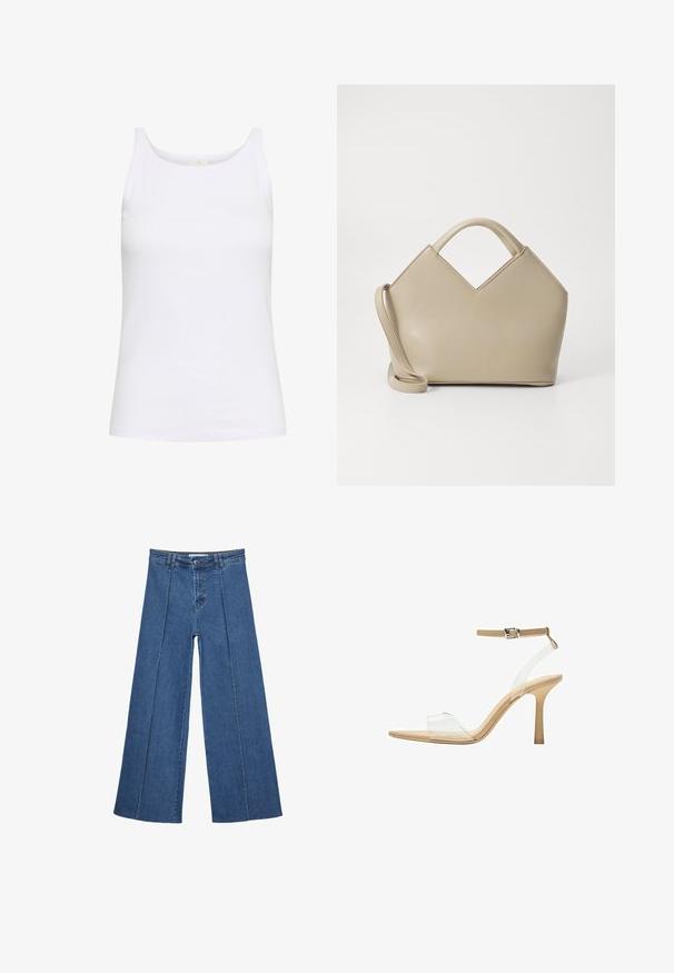 White tank top made of cotton. Features a round neckline and slim shoulder straps. Smooth texture with a fitted silhouette.; Wide-leg denim jeans in medium blue, featuring a high waist, button closure, and contrasting vertical seam details along the front.; Clear heeled sandal with a transparent upper, beige footbed, and a slender ankle strap. Features a pointed toe and a thin high heel.; Beige structured handbag with a V-shaped top, smooth leather material, short handles, and a long adjustable strap. Minimalist design.