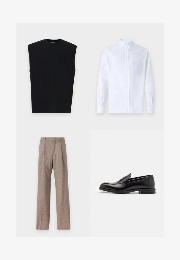 Čierny bezrukávový top z bavlny s okrúhlym výstrihom, ktorý má textúrované logo na prednej ľavej strane a hladký povrch.; Biely dlhý rukáv košeľa s gombíkmi vyrobená z bavlny, s náprsného vrecka s tonálnou výšivkou, golierom a gombíkovými manžetami.; Hnedé, vysoké nohavice vyrobené z texturovanej látky. Majú široké nohavice a dva predné záhyby pre štruktúru. Úhľadné spracovanie bez viditeľného kovania.; Čierne kožené mokasíny s hladkou textúrou, zaoblenou špičkou a dekoračným pásikom cez priehlavok. Nízky vrstvený opätok, minimalistický dizajn.