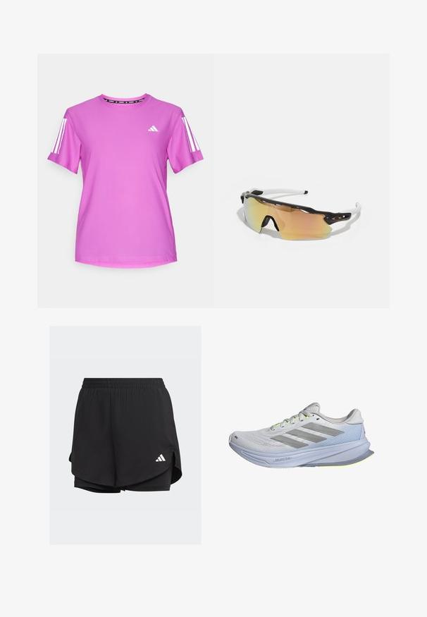 Różowa koszulka sportowa z krótkim rękawem, z białymi akcentami w postaci trzech pasków i logo Adidas, wykonana z lekkiego, strukturalnego materiału.; Czarne szorty sportowe z elastycznym paskiem w talii, warstwowym krojem, wewnętrznymi dopasowanymi szortami i białym logo po lewej stronie na dole.; Buty biegowe z lekką siateczką w kolorze białym, akcentowane szarymi paskami. Podeszwa ma delikatny łuk i neonowe żółte akcenty.; Okulary przeciwsłoneczne z czarno-białą oprawką, dużymi lustrzanymi soczewkami w złotych i różowych odcieniach, aerodynamiczny kształt oraz wydłużona zewnętrzna krawędź.