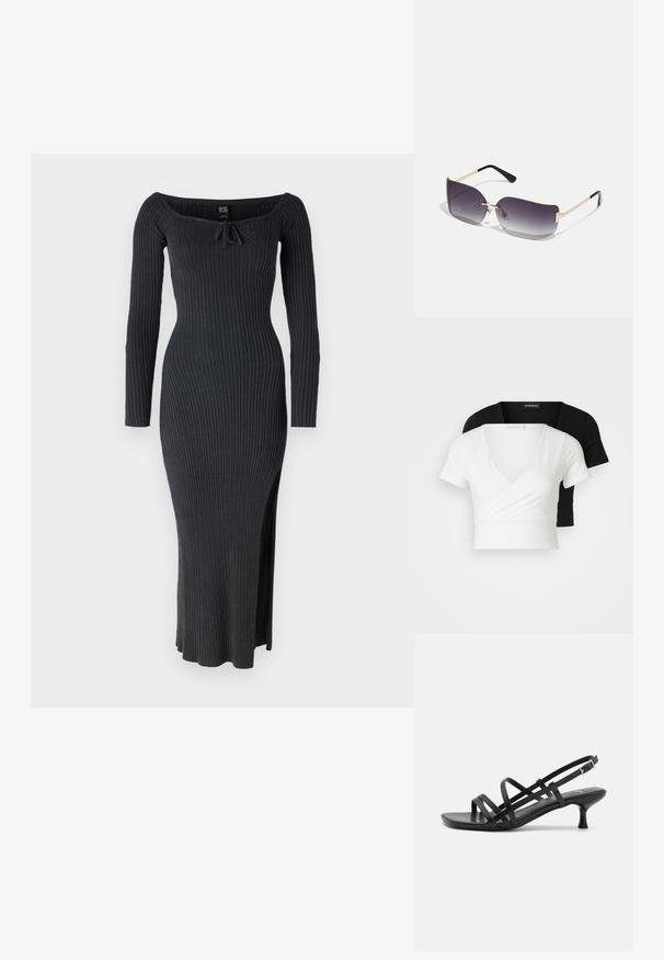 Dos tops recortados, uno blanco y uno negro. Ambos presentan un diseño de cuello en V y mangas cortas, hechos de un tejido suave con un sutil brillo.; Vestido de manga larga con canalé en gris oscuro, con escote palabra de honor y una abertura lateral. El material es suave y elástico.; Sandalias de tacón negro con múltiples tiras entrecruzadas. Material suave, puntera afilada y tacón estrecho. Correa de tobillo ajustable con hebilla.; Gafas de sol con lentes de graduación gris, montura metálica dorada y acentos de plástico negro. Lentes con una forma de mariposa única y varillas delgadas.; Aretes de aro de oro con un acabado suave y brillante. Diseño circular que presenta un pequeño post y un respaldo transparente para un uso seguro.