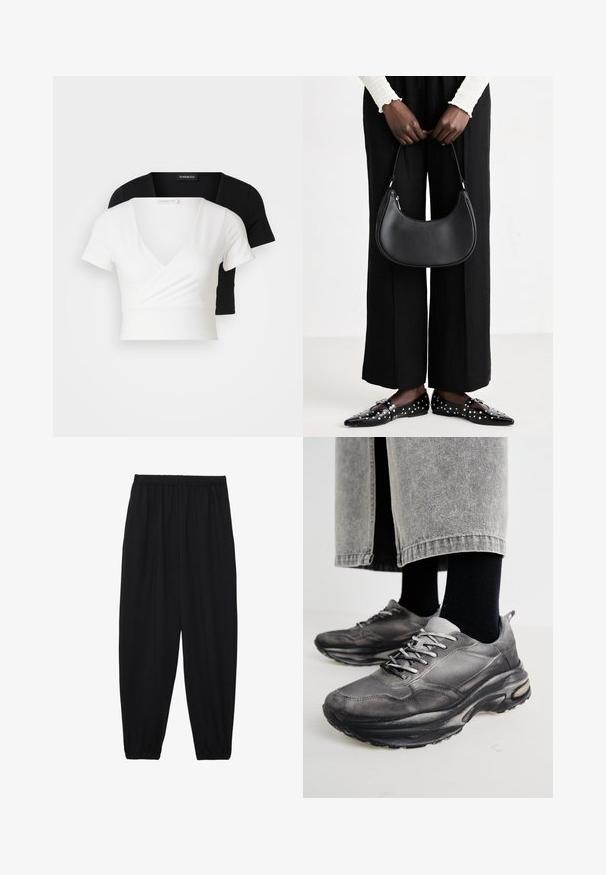 Two cropped tops, one white and one black. Both feature a V-neck design and short sleeves, made from smooth fabric with a subtle sheen.; Black, lightweight pants with an elastic waistband and gathered ankles. The fabric is smooth and features a relaxed, tapered design.; Black and gray athletic shoes feature a mesh upper, thick soles, and laces. They have a rounded toe and visible cushioning detail.; Black leather shoulder bag with a rounded shape, glossy finish, and silver hardware. Person wearing black wide-leg pants and studded loafers.