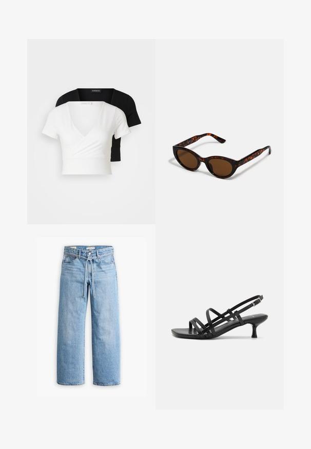 Kaksi lyhyttä toppia, yksi valkoinen ja yksi musta. Molemmissa on V-mallinen kaula-aukko ja lyhyet hihat, ja ne on valmistettu sileästä kankaasta, jossa on hieno kiilto.; Vaaleansiniset farkut leveillä lahkeilla, joissa on korkea vyötärö, nappi- ja vetoketjukiinnitys sekä narutasku vyötäröllä. Raaka helma.; Musta korkeakorkoiset sandaalit, joissa on useita ristikko-nauhoja. Sileä materiaali, teräväkärkinen malli ja kapea korko. Säädettävä nilkkahihna soljella.; Ruske tortoiseshell sunčane naočale s vintage mačkastim oblikom i smešnim sočivima. Ima zakrivljene okvire s crvenim akcentima.; Mustavelhainen hobo-laukku, joka on valmistettu sileästä nahkamaa-aineesta, jossa on kierrätetty kahva. Laukku on pehmeän pyöreä muoto ja siinä on vetoketjulla suljettava yläosa.; Kultaketjut kullasta, joissa on sileä, kiiltävä pinta. Pyöreä muotoilu, jossa on pieni tappi ja kirkas taustalevy turvalliseen käyttöön.