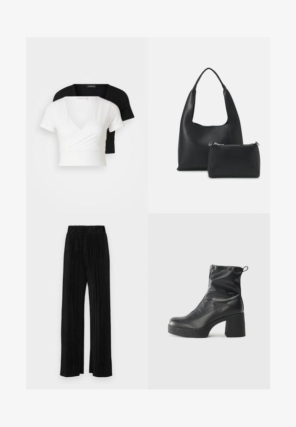 To cropped tops, en hvid og en sort. Begge har V-halsdesign og korte ærmer, lavet af glat stof med en subtil glans.; Sorte plisserede bukser med elastisk talje. Har brede ben og et glat, tekstureret stof med lodrette striber.; Sorte ankelstøvler lavet af glat læder, med en sidelukning, kraftig struktureret hæl og rundt tådesign.; Even&Odd Håndtasker - black