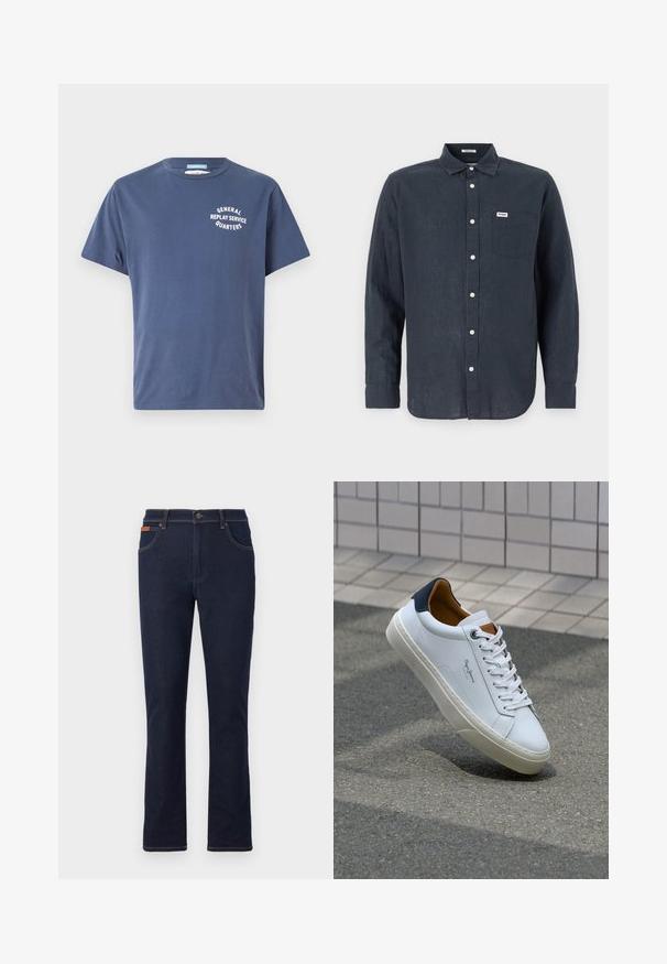 Tummansininen puuvillat-paita lyhyillä hihoilla, jossa on vasemmassa rinnassa valkoinen graafinen teksti "YLEINEN TOISTOSERVICE KORTTELIT".; Tummansininen pitkähihainen pellavapaita, jossa on nappikaulus, etutasku ja valkoiset napit. Wrangler-logo taskussa.; Tummansiniset farkut suoran lahkeen leikkauksella, joissa on oranssia ommelta, viisi taskua ja nappikiinnitys vyötäröllä.; Valkoinen nahkakenkä, jossa on tummansininen kantapää, pyöreä kärki ja ristikkäiset ruskeat korostukset. Varustettu tasapaksuilla nauhoilla ja teksturoidulla kumipohjalla.