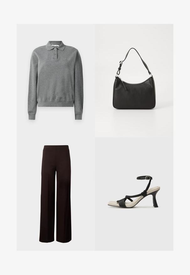 Grijze lange mouwen polo shirt van zacht materiaal, met een klassieke kraag, knoopsluiting en geribbelde manchetten in een ontspannen pasvorm.; Zwarte wijde broek met een elastische tailleband, gemaakt van een gladde, rekbare stof. Heeft een strakke vormgeving zonder patronen.; Zwarte hoge hak sandaal met een gevlochten bandontwerp, vierkante teen en verstelbare enkelband. Lichtbeige voetbed met een glanzende zwarte hak.; Zwarte leren handtas met een gebogen vorm, een enkele schouderband, ritsluiting en subtiele branding aan de voorkant. Glad textuur, minimalistisch ontwerp.