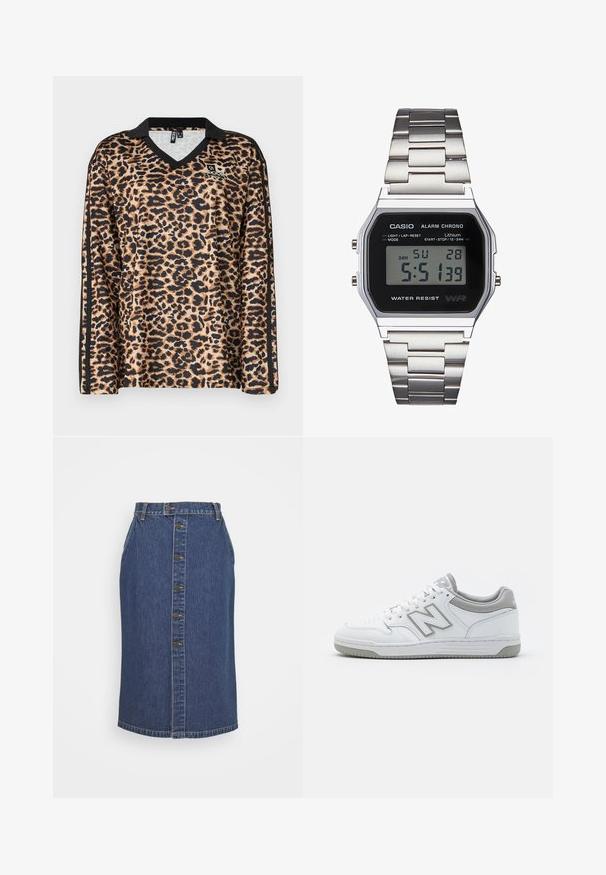 Beige en zwarte luipaardprint lange mouwen shirt met een V-hals kraag en zwarte accenten langs de mouwen. Gemaakt van een gladde, synthetische stof.; Donkerblauwe denim kokerrok met een sluiting met knopen aan de voorkant, verticale naden en een klassieke zoomlijn.; Witte leren sneakers met grijze accenten, voorzien van een geperforeerde neus, platte veters en een patroon op de zool. New Balance-logo aan de zijkant.; Digitale Casio-horloge met een zwart wijzerplaat, een zilveren roestvrijstalen band, rechthoekige kast en knoppen voor verlichting, ronde-reset en modusinstellingen.