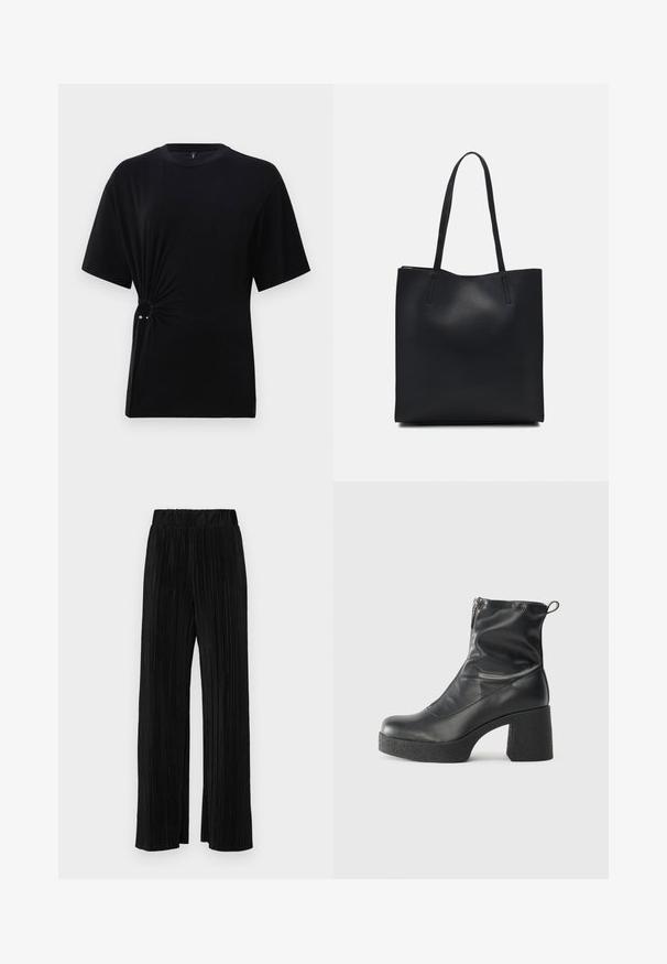 Black short-sleeve t-shirt made of soft jersey fabric, featuring a knotted detail on the side with a silver accent. Classic crew neckline.; Black pleated trousers with an elastic waistband. Features wide legs and a smooth, textured fabric with vertical stripes.; Black ankle boots made of smooth leather, featuring a side zipper, chunky textured heel, and rounded toe design.; Black leather tote bag with smooth texture, rectangular shape, and two long handles. No visible hardware or embellishments.