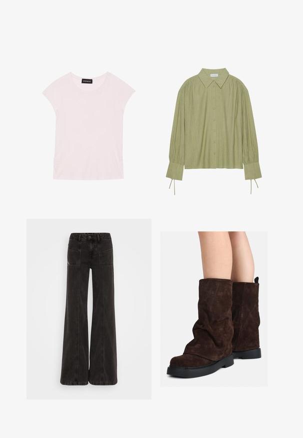 Camiseta rosa claro con mangas cortas, escote redondo y detalles fruncidos en los lados. Fabricada con tejido suave y ligero.; Camisa de manga larga verde claro con botones en la parte delantera, cuello, tejido texturizado y detalles de lazo en los puños. Diseño de dobladillo recto.; Jeans de pierna ancha negros, elaborados en denim, con una cintura alta, bolsillos frontales y costuras tonales a lo largo de las costuras.; Botas de ante marrón de medio muslo con suelas de goma negras, llevadas sobre piernas desnudas, mostrando un ligero arrugado en los caños de las botas.