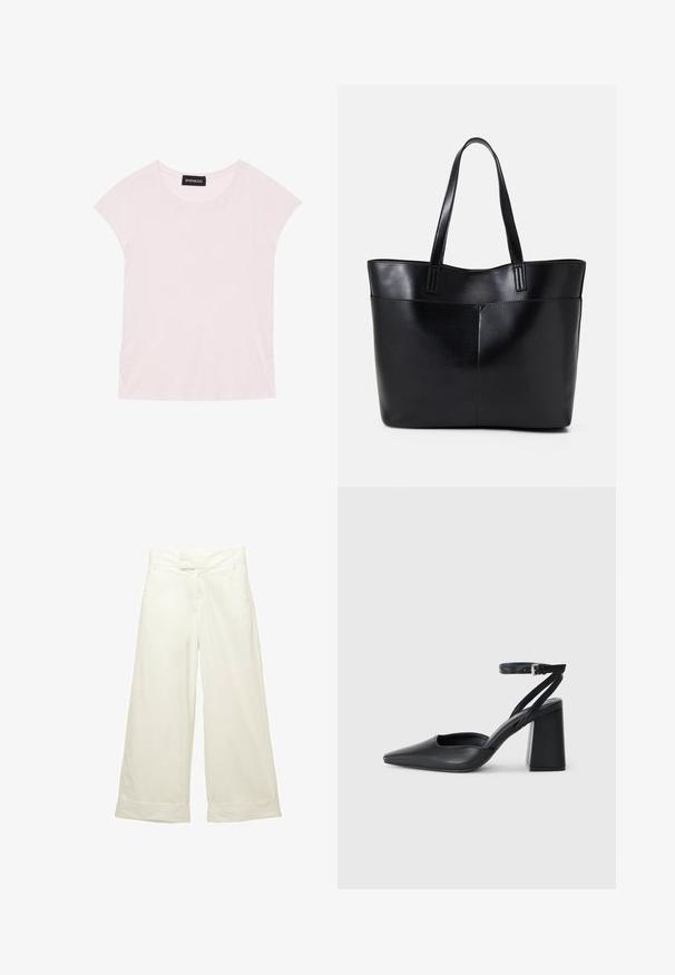 Svetlo roza majica s kratkimi rokavi, okroglim izrezom in nabranimi stranskimi detajli. Narejena iz mehkega, lahkega blaga.; Široke hlače iz mehkega, kremnega materiala. Imajo ravno sprednje pasove in zvite robove. Gladka tekstura s čistim, minimalističnim dizajnom.; Črne usnjene klasične čevlje z ostrim nosom, z zaponko za gleženj in debelim peto. Ravna tekstura, eleganten dizajn in minimalistična estetika.; Črna usnjena torba z dvema dolgima ročajema, gladko teksturo in strukturirano obliko. Ima sprednji žep za dodatno shranjevanje.