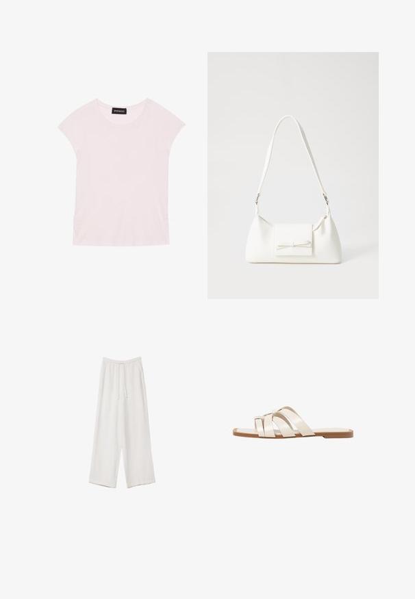 T-shirt rosa chiaro con maniche corte, scollatura rotonda e dettagli arricciati ai lati. Realizzato in un tessuto morbido e leggero.; Pantaloni a gamba larga bianchi realizzati in un tessuto leggero. Presentano una vita elastica con cordoncino e tasche laterali. Texture liscia.; Infradito con suola in gomma color talpa, progettate con tre cinturini in pelle bianca sovrapposti e un piccolo dettaglio a fiocco al centro.; Borsa sintetica bianca a forma triangolare, con patta anteriore piatta e dettaglio a fiocco, tracolla regolabile, texture liscia e design minimalista.