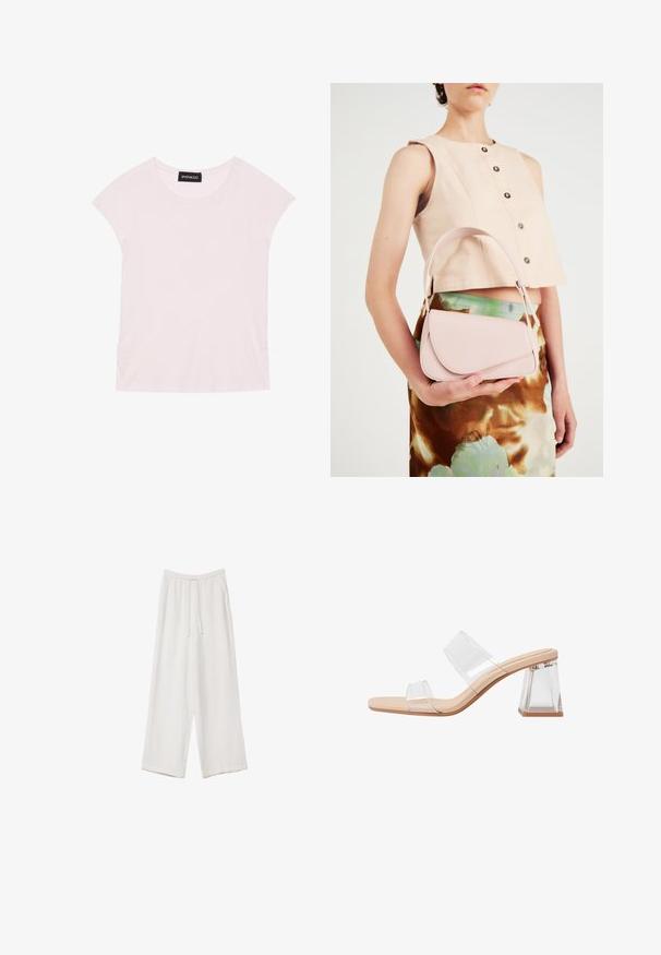 Lyserød T-shirt med korte ærmer, rund halsudskæring og indsamlede detaljer i siderne. Lavet af blødt, letvægts stof.; Hvide bukser med bred benlængde lavet af et letvægtsstof. Har et elastisk talje med snor og sidelommer. Glat tekstur.; Gennemsigtige hæle-sandaler med to klare remme, en beige bund og en geometrisk klar blokhæl. Minimalistisk design med glat overflade.; Lyserød læderhandtaske med en buet klap, enkel skulderrem og rene linjer. Tasken har en glat overflade og et minimalistisk design.