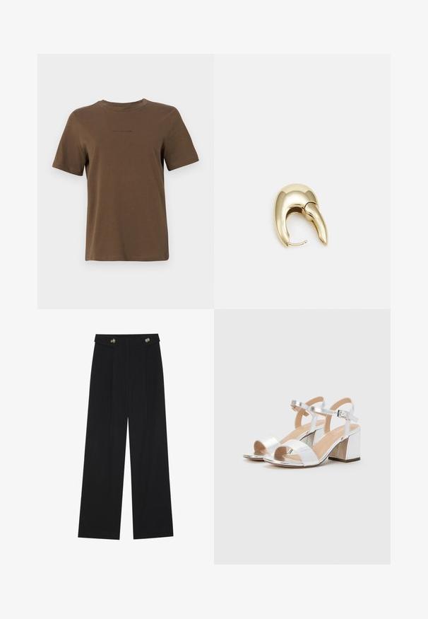 Hnědé tričko s krátkým rukávem vyrobené z měkké bavlny, s kulatým výstřihem a malým černým logem potisknutým na hrudi.; Černé široké kalhoty s vysokým pasem, detailní knoflíky na pase a přední záhyby.; Stříbrné sandály na vysokém podpatku s otevřenou špičkou, disponující dvěma širokými pásky a zaobleným blokovým podpatkem. Hladká textura s metalickým povrchem.; Náušnice ve zlatém tónu z kovu s elegantním zakřiveným designem. Vyznačují se jedinečným špičatým tvarem, lesklým povrchem a závěsem na kloub.