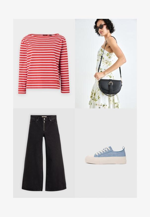 Camisa de mangas longas com riscas vermelhas e brancas, com decote boat. Material em algodão, corte descontraído e bainha acabada. Design simples com riscas uniformes.; Calças de ganga de perna larga em denim preto com fecho éclair à frente, design de cinco bolsos e detalhes de costura subtil. Textura suave e estilo casual.; Ténis de lona azul claro com uma biqueira e sola de borracha creme, apresentando atacadores brancos e uma alça na parte de trás.; Bolsa de couro preta com forma curva, alça destacável e detalhes em dourado. A bolsa possui uma aba com detalhe de fivela.