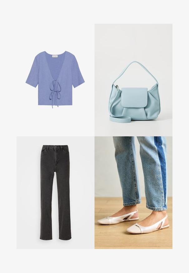 Világoslila kötött póló rövid ujjal, mély V-kivágással és állítható derékmegkötéssel. Mintás anyag, finom bordázással.; Fekete farmernadrág egyenes szabással, magas derékkal, öt zsebbel és gombos záródással. Az anyag enyhén texturált, látható minták nélkül.; Világos rózsaszín slingback laposlábú cipők, hegyes orral, sima bőrhatású anyagból készült. Oldalt kivágott részletek találhatók rajta, valamint lapos sarkú.; Világoskék bőrtáska, felső fogantyúval, elülső fedélzsebkémmel és levehető csuklószíjjal, fehér háttér előtt.
