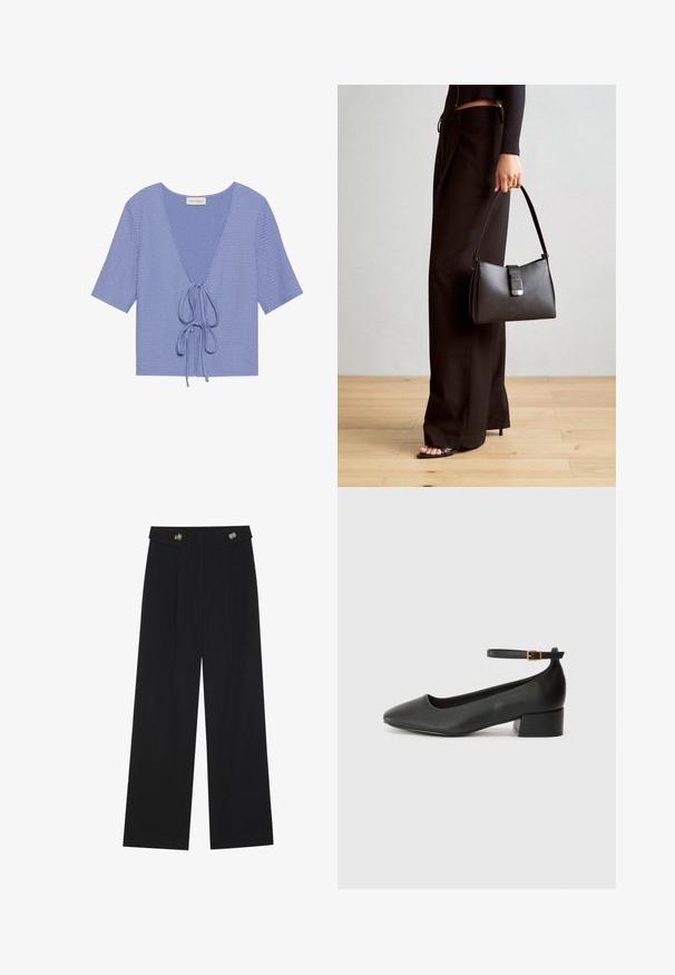 Šviesiai purpurinė megzta palaidinė su trumpomis rankovėmis, giliu V formos iškirpimu ir reguliuojama juosta ties liemeniu. Tekstūruotas audinys su subtiliomis raiškas.; Juodi plačios kojos kelnės su aukštu liemeniu, sagų detalėmis ant liemens ir priekinėmis raukšlėmis.; Juodas odinis aukštakulnis batelis su smailiu pirštu ir žemu bloku. Su kulkšnies dirželiu su auksinės spalvos sagtimi. Lygus paviršius.; Juodas rankinė struktūrizuota forma, lygi tekstūra ir metalinis užsegimas. Suporuota su plačiomis juodomis kelnėmis ir atvirais bateliais ant medinių grindų.