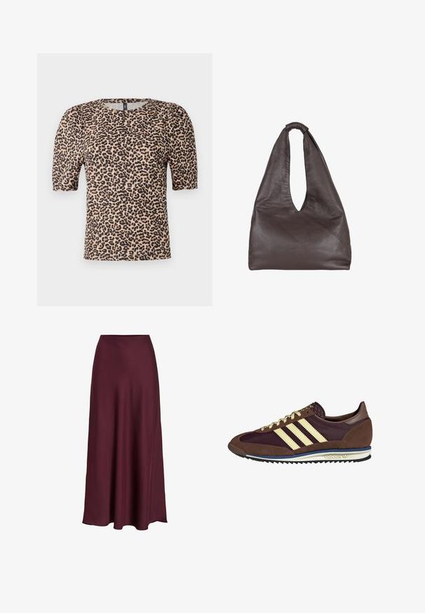 Majica s leopard uzorkom s kratkim napuhanim rukavima, okruglim izrezom, izrađena od lagane tkanine, sa bež osnovom i crnim točkicama.; Bordo saten maxi suknja s glatkom teksturom, visokim strukom i lepršavim siluetom koja se blago širi prema rubu.; Smeđi i burgundski teniski s uzorcima od antilopa i mrežastih materijala, s tri kremaste pruge, teksturiranim materijalom na jeziku i gumeni potplat.; Smeđa kožna torba s opuštenim, prevelikim dizajnom. Ima ručku s petljom i dubokim V-izrezom za lakši pristup. Mekana tekstura, minimalistički stil.
