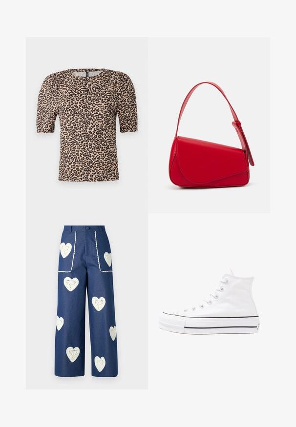 Leopard print t-shirt with short puff sleeves, round neckline, made of lightweight fabric, featuring a tan base and black spots.; Sister Jane HEART TO HEART - Straight leg jeans - blue denim; White high-top canvas sneaker with black rubber sole, front rubber toe cap, and six eyelets for laces, featuring a clean, minimalist design.; Red leather handbag with an angular, geometric design. Features a single adjustable strap and a flap closure with stitched detailing.