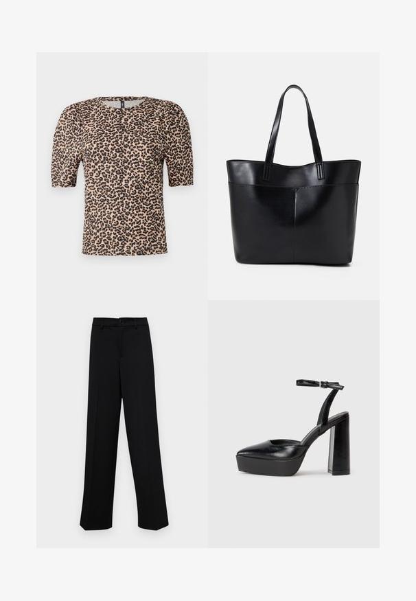 T-shirt imprimé léopard avec des manches courtes bouffantes, un col rond, fabriqué en tissu léger, avec une base beige et des taches noires.; Pantalons larges noirs en tissu lisse, avec une taille classique à fermeture à bouton et des plis sur le devant.; Escarpins noirs à plateforme avec un bout pointu et une sangle réglable à la cheville. Conçus en cuir lisse, avec un large talon bloc.; Sac fourre-tout en cuir noir avec deux longues poignées, une texture lisse et une forme structurée. Dispose d'une poche avant pour un rangement supplémentaire.