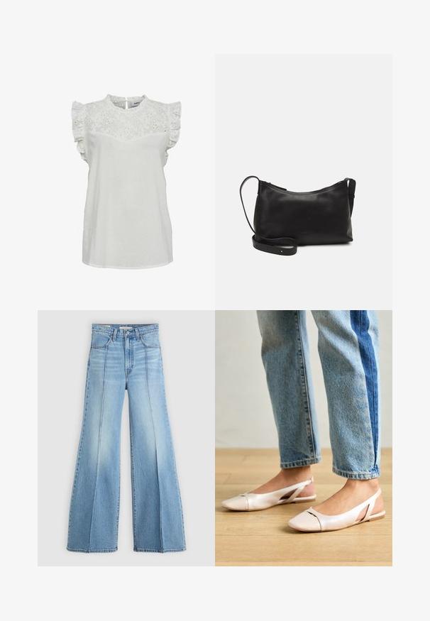 Moves MITI - Bluză - snow white; Jeans de culoare bleu deschis, cu talie înaltă și picioare largi, buzunare frontale și din spate, bucle pentru curea și detalii cu cusături verticale pe față.; Sandalete plate de un roz pal cu vârf ascuțit, realizate dintr-un material asemănător pielii, neted. Prezintă detalii decupate pe laterale și un toc plat.; Geantă de umăr din piele neagră, cu o textură netedă, formă curbată, curea ajustabilă și închidere cu fermoar. Design minimalist, fără embellishments.