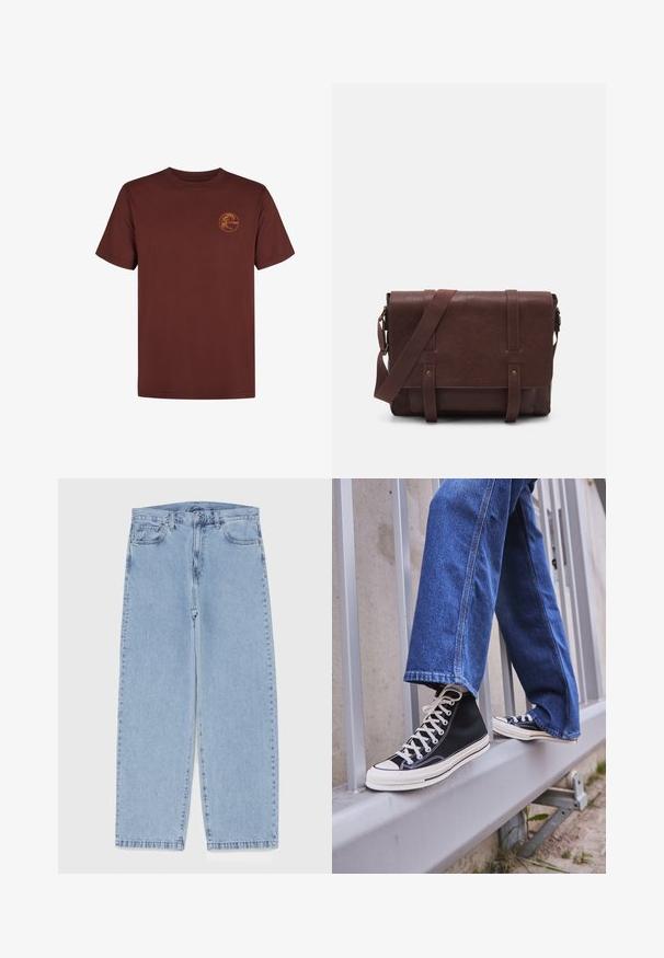 Camiseta de algodón marrón con mangas cortas y cuello redondo, que presenta un pequeño logo naranja en el lado izquierdo. Textura suave y ajuste clásico.; Jean de mezclilla azul claro con diseño de pierna recta, con una cintura de altura media, cinco bolsillos y un cierre de botón y cremallera.; Zapatillas de deporte negras de caña alta con suela y cordones blancos, combinadas con unos vaqueros de denim azul holgados, apoyadas en una barandilla gris.; Bandolera de cuero marrón con una tapa frontal plana, dos correas, detalles en metal dorado y una correa para el hombro ajustable.; Reloj de acero inoxidable plateado con un dial verde redondo, marcadores de hora plateados, indicador de fecha y una pulsera de eslabones de metal. Resistente al agua hasta 50 metros.