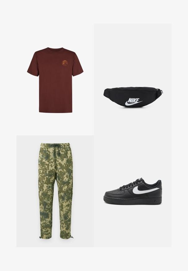 Braunes Baumwoll-T-Shirt mit kurzen Ärmeln und Rundhalsausschnitt, mit einem kleinen orangefarbenen Logo auf der linken Seite. Glatte Textur und klassischer Schnitt.; Grüne Camouflage-Hosen mit elastischem Bund, verstellbarem Kordelzug, Seitentaschen und schlank zulaufenden Bündchen. Aus strukturiertem Stoff gefertigt.; Schwarze Nike Air Force 1 Sneakers mit einem glatten Lederobermaterial, weißem Logo-Akzent, durchlöchtem Zehenbereich und strukturierter Gummisohle.; Schwarze Nylon-Hüfttasche mit Reißverschluss, ausgestattet mit einem großen weißen Nike-Logo. Glatte Textur und ergonomisches Design für einen bequemen Tragekomfort.