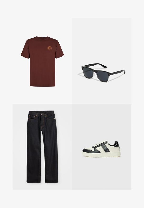 Bruine katoenen t-shirt met korte mouwen en een ronde hals, voorzien van een klein oranje logo aan de linkerkant. Soepele textuur en klassieke pasvorm.; Heren straight-leg zwarte denim jeans met vijf zakken en oranje stiksels, knoop- en ritssluiting op de voorkant van de tailleband.; Leren sneakers met een zwart en crèmekleurig kleurenschema, voorzien van geperforeerde accenten, een gevoerde kraag en een gestructureerde buitenzool.; Zwarte zonnebril met een rechthoekige vorm, donkere lenzen, zilveren accenten bij de slapen en een matte afwerking op het montuur.